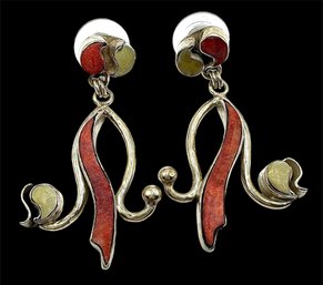 Vintage 950 Silver Unique Dangle Earrings With Coral And White Stone Accents