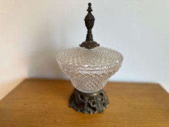 Vintage Clear Diamond Point Glass Candy Dish On Metal Pedestal