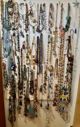 Wall Of Costume, Sterling And Art Glass Necklaces