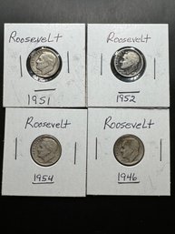 4 Roosevelt Silver Dimes 1946, 1951, 1952, 1954