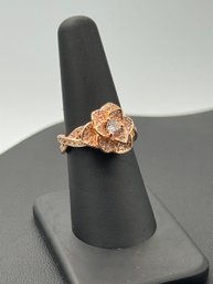 Floral Design & Multi Crystal Sterling Silver Ring - Rose Gold Plated