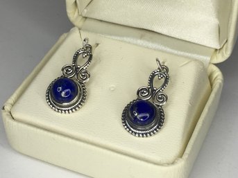 Beautiful 925 / Sterling Silver Earrings With Lapis Lazuli - Very Pretty - Would Make Great Gift - Nice !