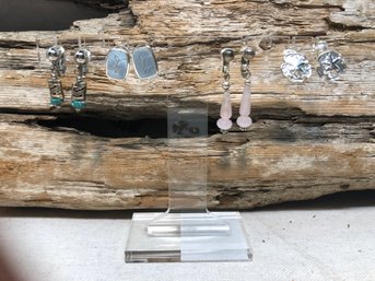 4 Pair Clip-on Earrings - Turquoise, Mother Of Pearl, Rose Quartz (?)