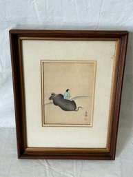 Original Signed JAPANESE WOODBLOCK- Boy Seated Atop Recumbent Water Buffalo