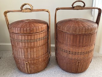 Lot Of 2 LARGE 39' Wedding Baskets-woven Rattan -four Pieces -lid, 2 Inserts, Attached Bottom-