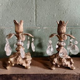 A Pair Of Cast Metal And Crystal Foliate Sweet Candle Holders