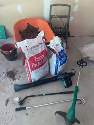 Gardening And Landscape Tools: Electric Blower And Trimme, Pine Bark Mulch, Wheelbarrow, Hose Caddy Stand