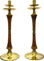 A Pair Of Vintage Mid Century Modern Brass And Teak Candlesticks