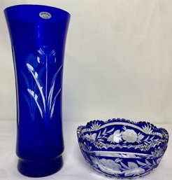 Cobalt Cut To Clear Russian Crystal Vase And Bowl (2)
