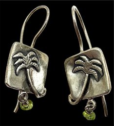 Vintage Sterling Silver Square Palm Tree Dangle Earrings With Bright Green Bead Accent