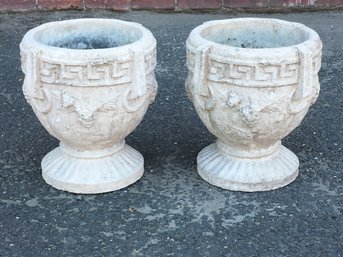 Very Nice Pair Of Vintage Cast Stone Urns - Class Greek Key Design - No Cracks - Great Looking Pair !