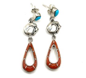 Vintage Designer Sterling Silver Turquoise And Coral Sleeping Dog Dangle Earrings