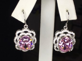 Fantastic 925 / Sterling Silver Pink Tourmaline Earrings With Sparkling White Zircons - Very Pretty - NEW !