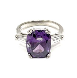 Sterling Silver Large Amethyst Color And Clear Stones Ring, Size 7