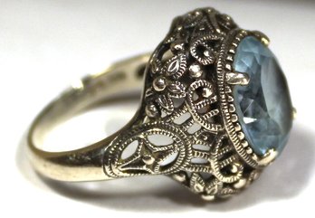 FANCY STERLING SILVER FILIGREE LADIES RING AQUA COLORED GEMSTONE SIZE 6