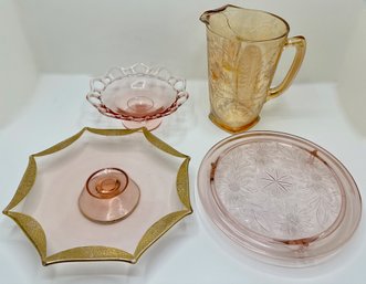 Vintage Jeannette Floragold Louisa Pitcher & Rose Depression Glass Cake Stands & Pedestal Bowl