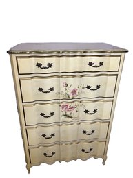 Vintage French Provincial Style Tall Dresser With Hand-Painted Poppy Design