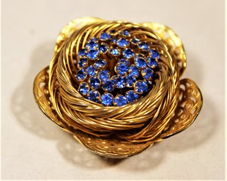 Gold Tone Floral Form Brooch Blue Rhinestones