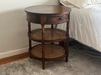 Mid-Century Round 2 Tier End Table With Cane Shelves