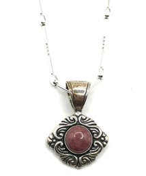 Vintage Carolyn Pollack Designer Sterling Silver Pink Stone Pendant On Beaded Ornate Chain Necklace