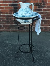 Very Nice Antique Wrought Iron Washbowl Stand With Antique English Ironstone Porcelain Pitcher And Bowl Set