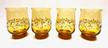 Set Of 4 Vintage Hand-blown Amber Flared Footed Daisy Glasses