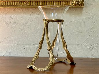 C. 1990 Bombay Co. Epergne Floating Glass Vase With Ornate Gold Metal Stand