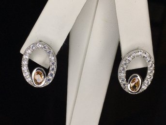 Vert Nice 925 / Sterling Silver Oval Earrings With Orange Topaz And White Zircons - Great Gift Idea !