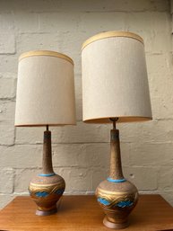 Matching Pair Of Mid Century Modern  Genie Style Gold & Blue Ceramic Table Lamp With Walnut Base * 34'