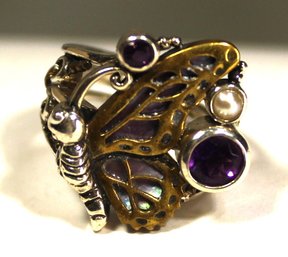 FASHION RING STERLING SILVER MIXED METALS CULTURED PEARL AMETHYSTS BUTTERFLY SIZE 6