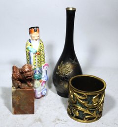 Interesting Lot, Famille Rose Figure, Carved Soapstone Foo Dog Wax Stamp, Vase And Desk Cup