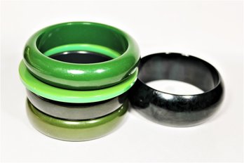 Lot Five Bakelite Plastic Bangle Bracelets Green Colors