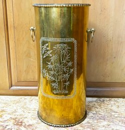 A Vintage Etched Brass Umbrella Stand - Bamboo And Bird Motif