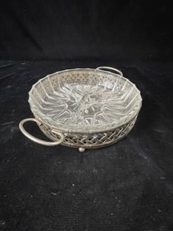 Vintage Crystal Glass Divided Serving Dish Ornate Silver Plated Carrier W/Handles