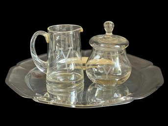 International Silver Company Tray With Monogramed Glass Creamer & Sugar Bowl