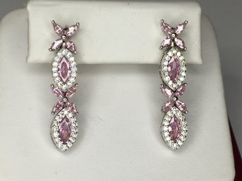 Stunning Sterling Silver / 925 Drop Earrings With Pink Tourmaline And Sparkling White Zircons - Amazing Pair !