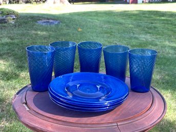 Set Of 5 Handblown Glass Plates And Cups