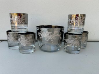 1960's MCM Dorothy Thorpe Style Silver-tone Embossed Fade Ombre Ice Bucket & 6 Lowball Glasses