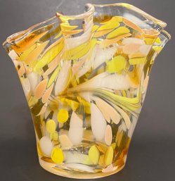 Vintage Art Glass Vase - Yellow White Confetti Spotted With Ruffled Edge - Short Small - 6 H X 6 X 6.75