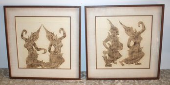 Pair Of Thai Temple Rubbings On Hand Made Fiber Paper.