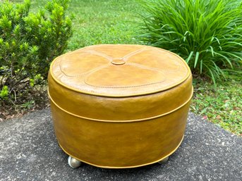 Vintage Leather Gold Mustard Ottoman On Caster Wheels