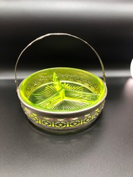 Vintage Green Glass 3 Sections Divided Relish Dish In Metal Holder With Handle Art Deco Depression Glass