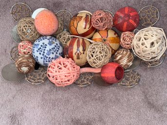 Metal And Twine Wrapped Tray With Decorative Bamboo, Wood And Glass Balls