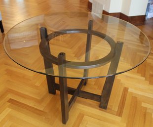 Modern Beveled Glass Entry Table With Unique Intersectional Base.