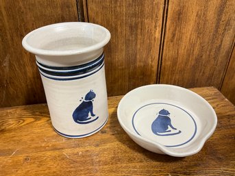 Blue Stenciled Cat Bowl And Utensil Crock Spectrum By Pfaltzgraff