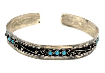 Vintage Sterling Silver Ornate Turquoise Cuff Bracelet