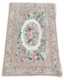 VINTAGE HANDMADE ROSE FLORAL NEEDLEPOINT WOOL PILE RUG