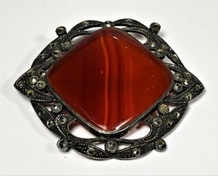 Sterling Silver And Carnelian Brooch With Marcasites