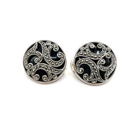 Beautiful Sterling Silver Onyx Color Marcasite Round Ornate Clip On Earrings