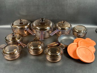 A Set Of Vintage Corning Ware Visions Cookware In Amber Glass